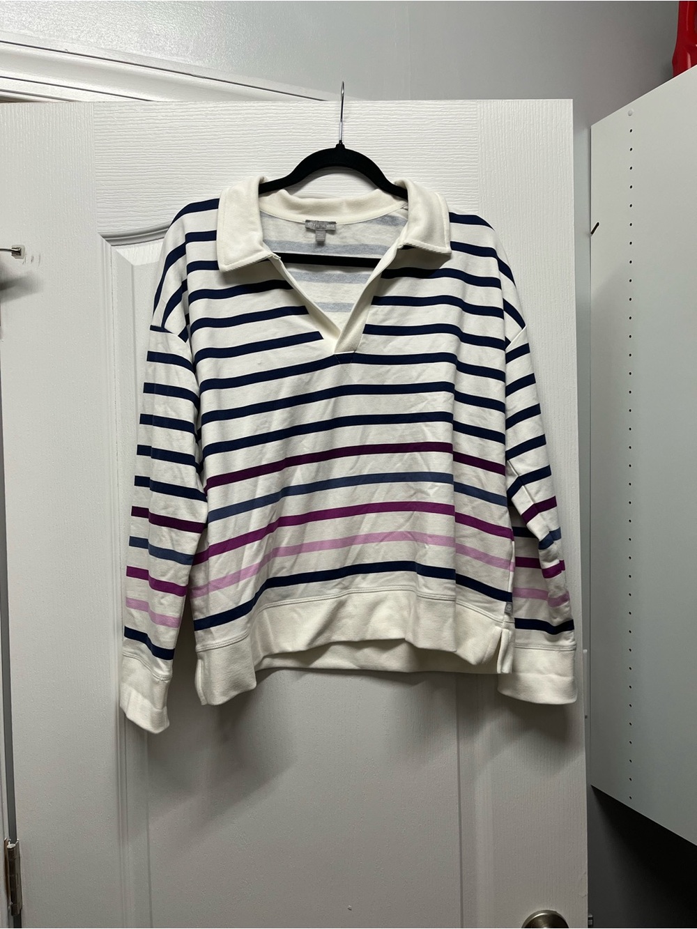 Talbots White Collared V‑Neck Sweater with Navy and Purple Stripes